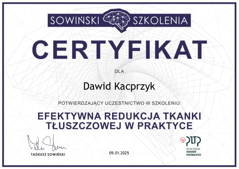 Certyfikat - Efektywna redukcja tkanki tłuszczowej w praktyce